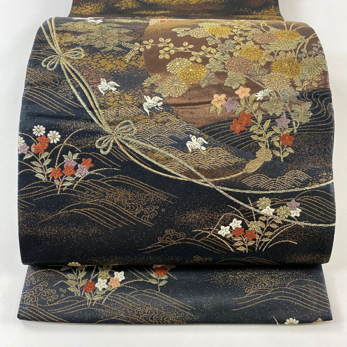 【美品】 袋帶 秀品級 月 花鳥 金糸 金金箔 墨 深藍色 お太鼓柄 純蠶絲