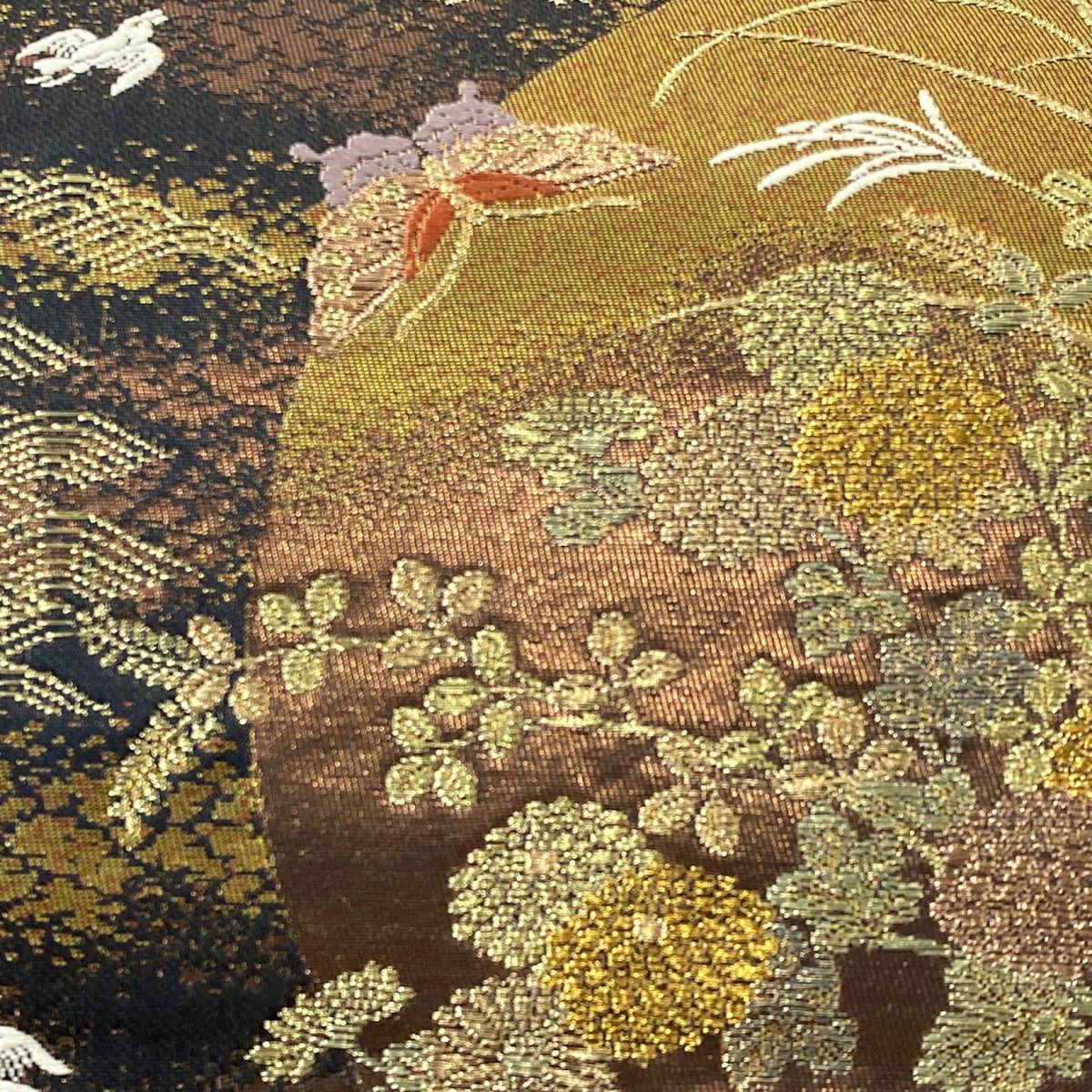 【美品】 袋帶 秀品級 月 花鳥 金糸 金金箔 墨 深藍色 お太鼓柄 純蠶絲