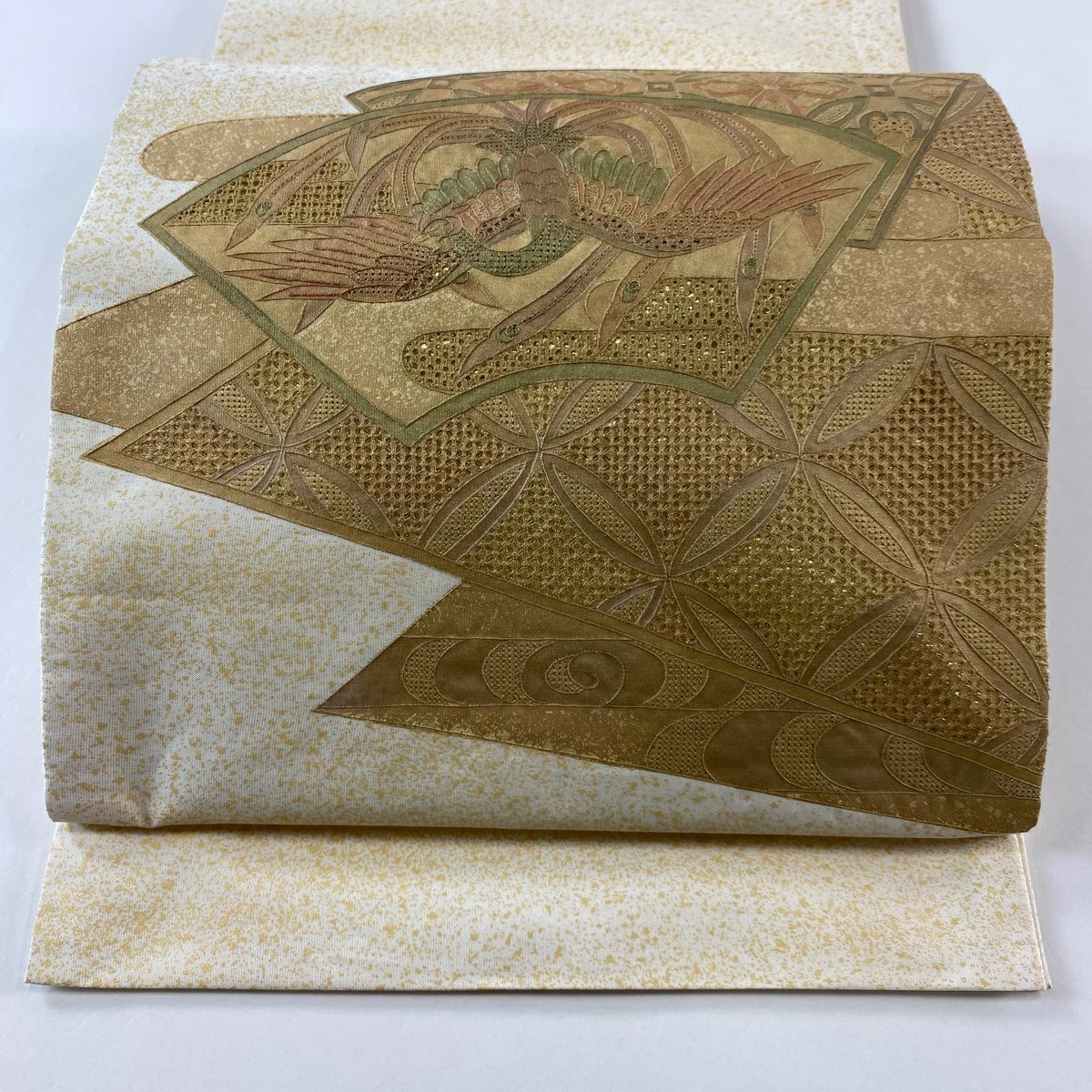 袋帶 秀品級 花鳥 七寶刺繡 金金箔 米色 お太鼓圖案 純蠶絲