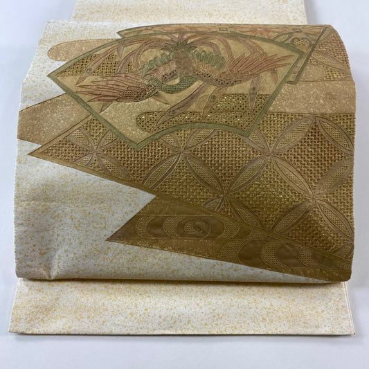 袋帶 秀品級 花鳥 七寶刺繡 金金箔 米色 お太鼓圖案 純蠶絲