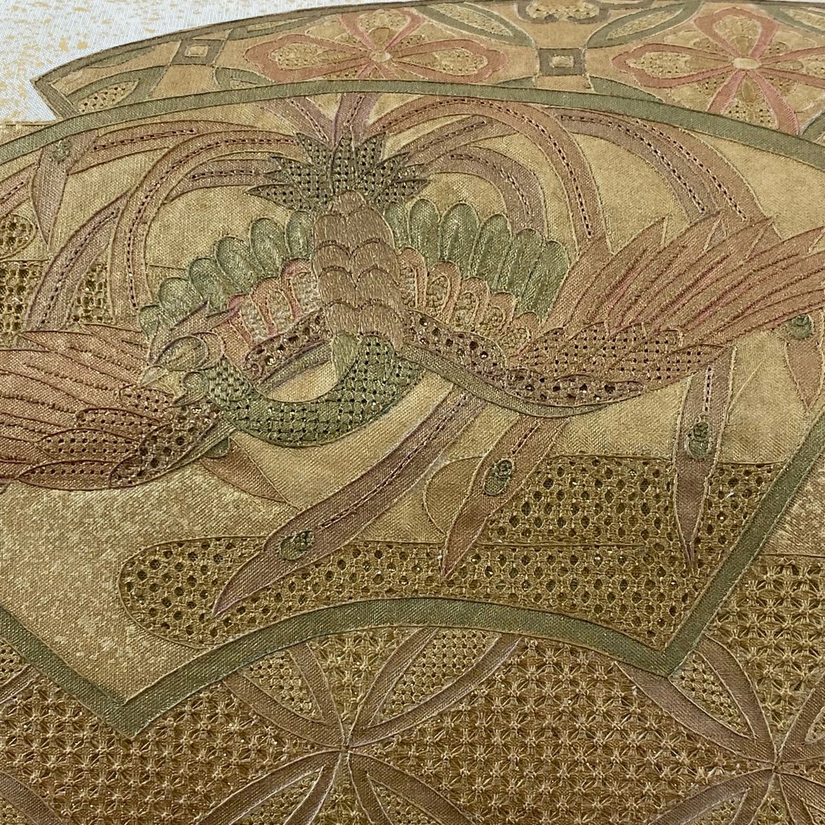袋帶 秀品級 花鳥 七寶刺繡 金金箔 米色 お太鼓圖案 純蠶絲