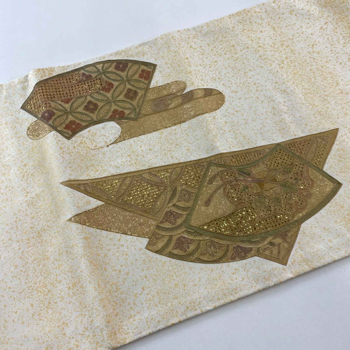 袋帶 秀品級 花鳥 七寶刺繡 金金箔 米色 お太鼓圖案 純蠶絲