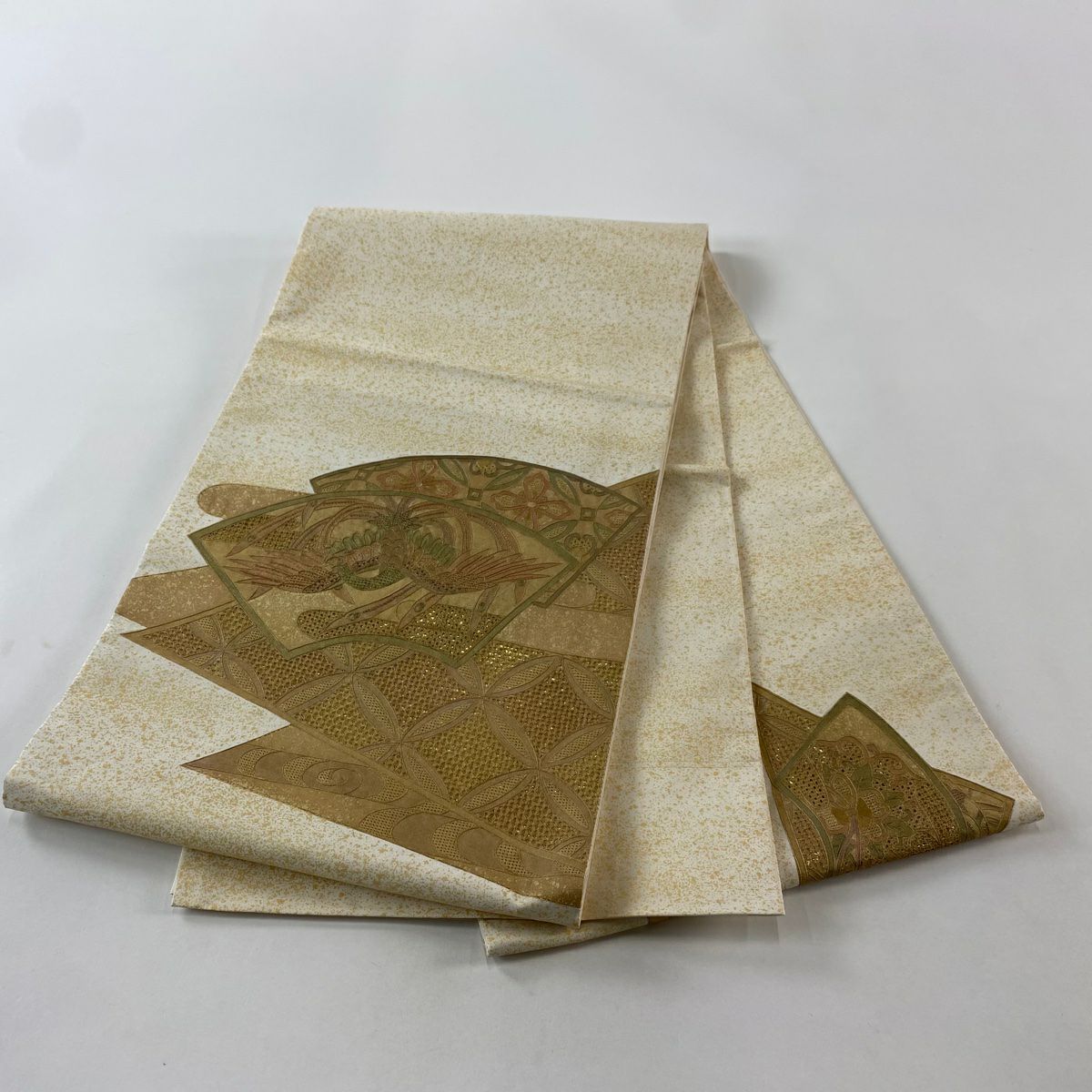 袋帶 秀品級 花鳥 七寶刺繡 金金箔 米色 お太鼓圖案 純蠶絲
