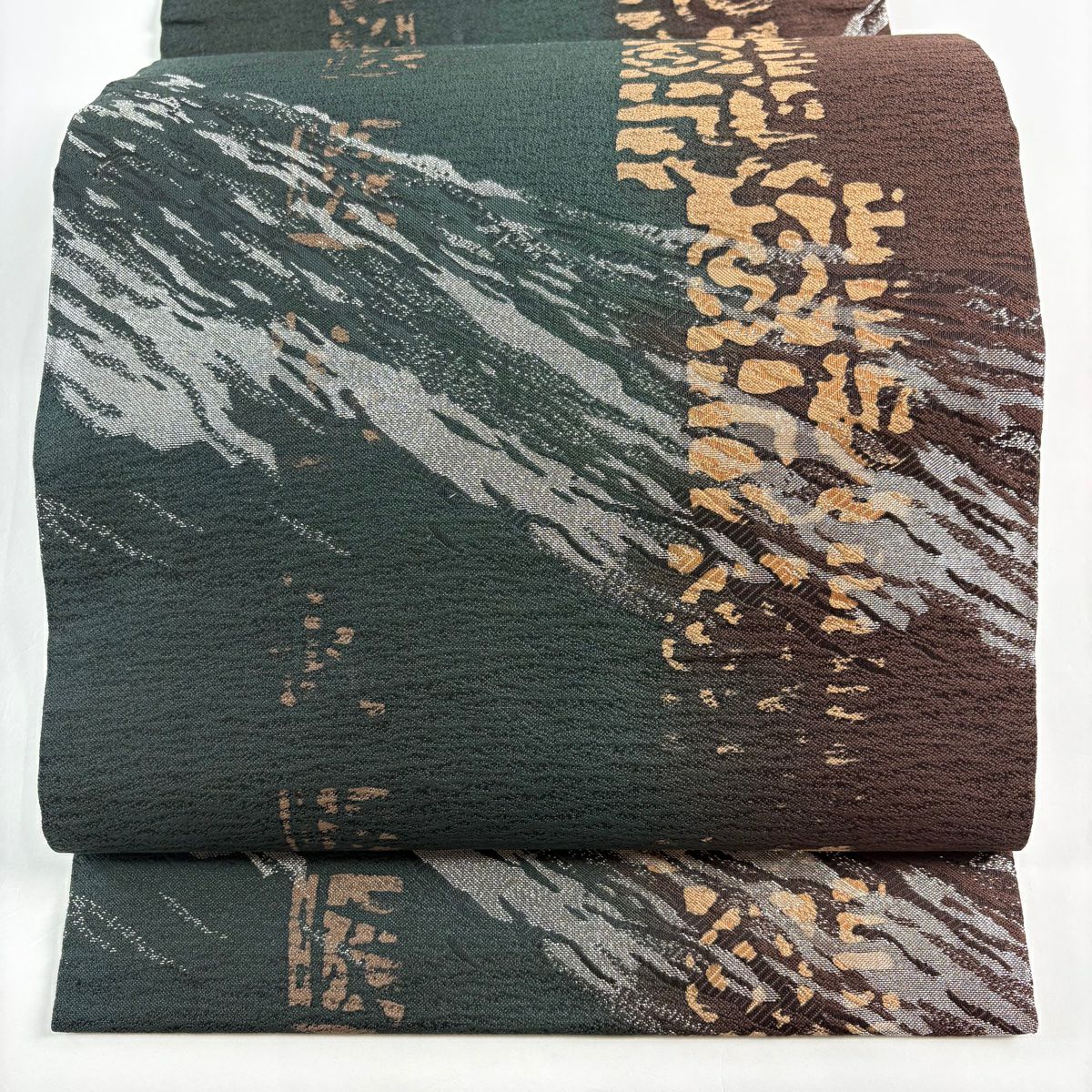 【美品】 開口名古屋帶 優品級 幾何學 銀線 深綠 純蠶絲