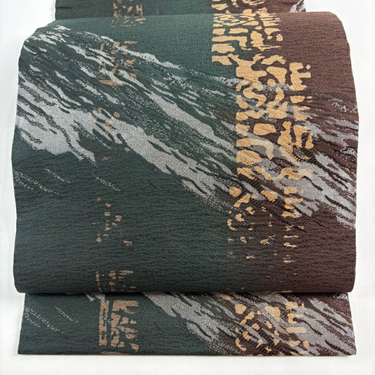 【美品】 開口名古屋帶 優品級 幾何學 銀線 深綠 純蠶絲
