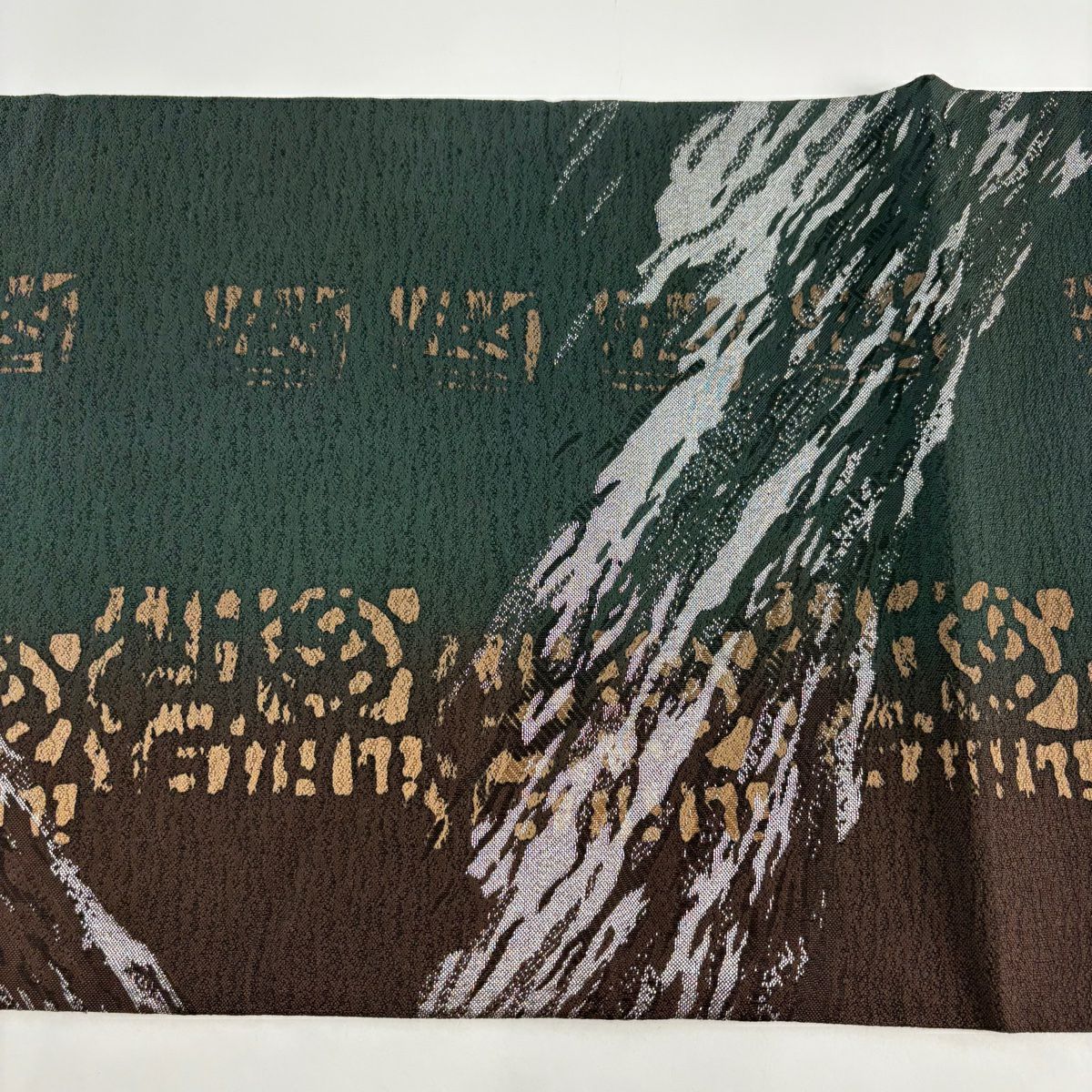 【美品】 開口名古屋帶 優品級 幾何學 銀線 深綠 純蠶絲