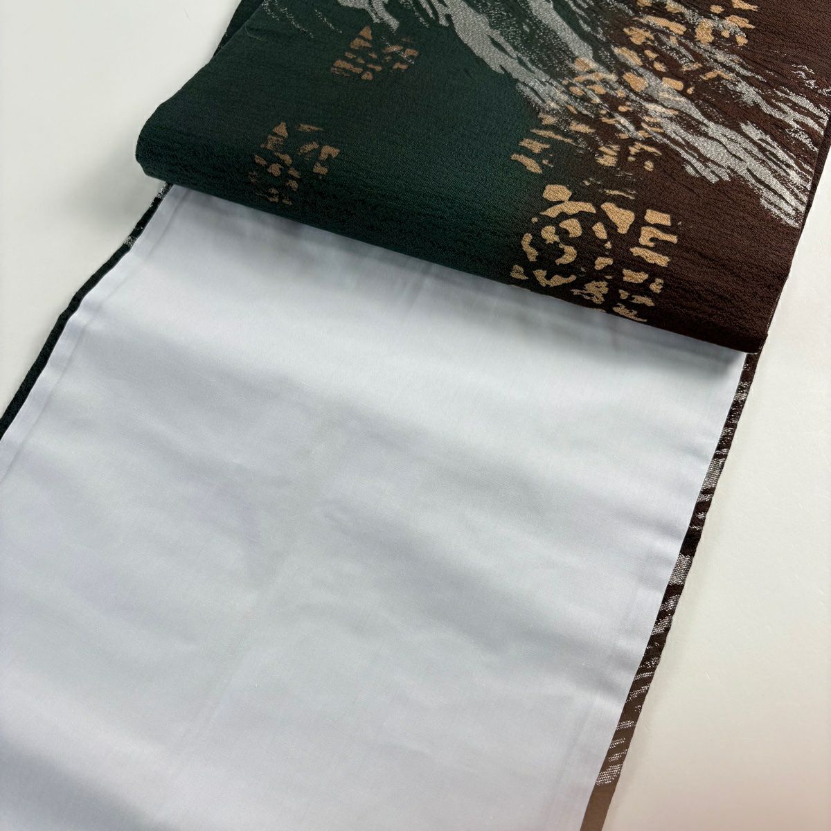 【美品】 開口名古屋帶 優品級 幾何學 銀線 深綠 純蠶絲