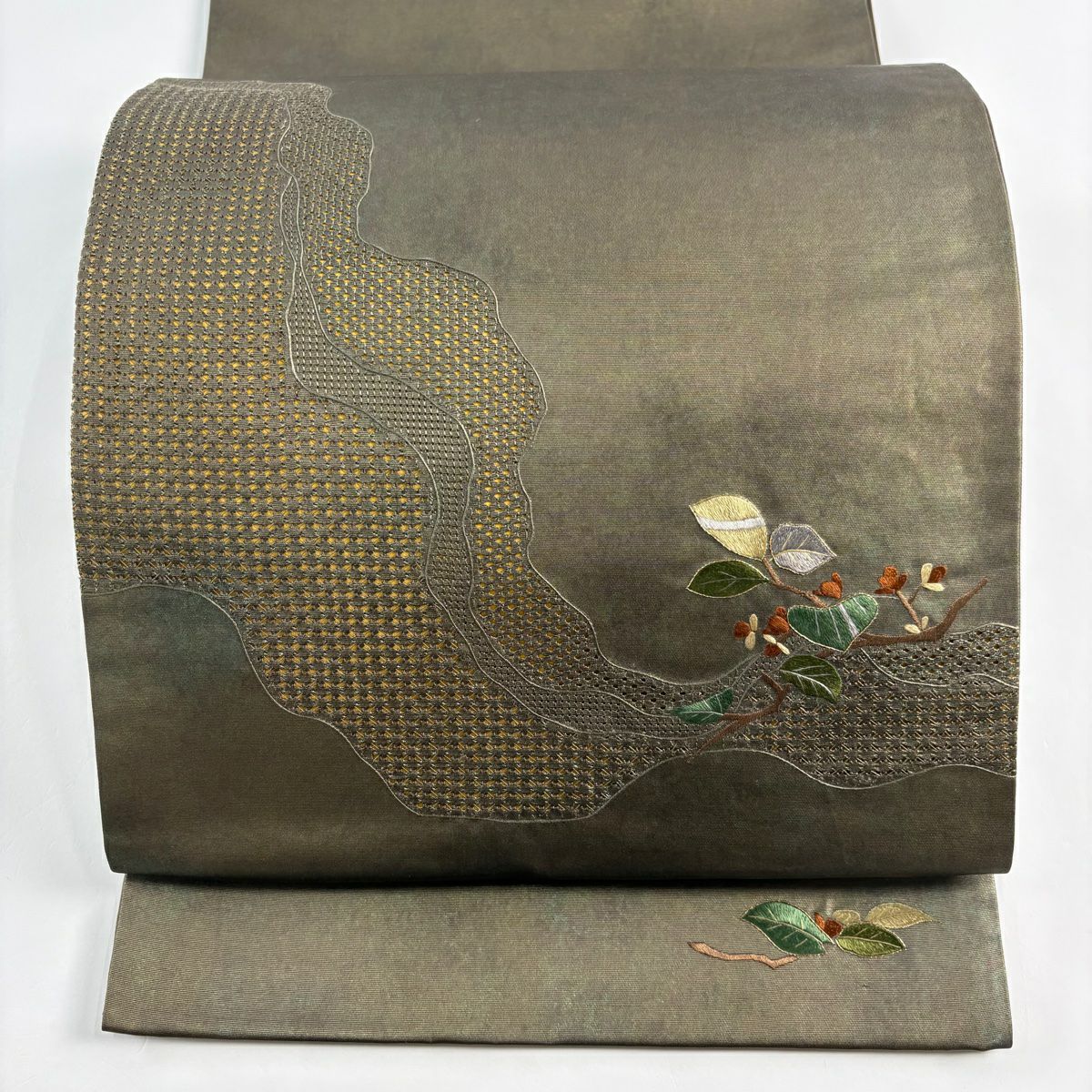 袋帶 秀品級 枝花 道長取 金金箔 刺繡 茶綠 お太鼓柄 純蠶絲