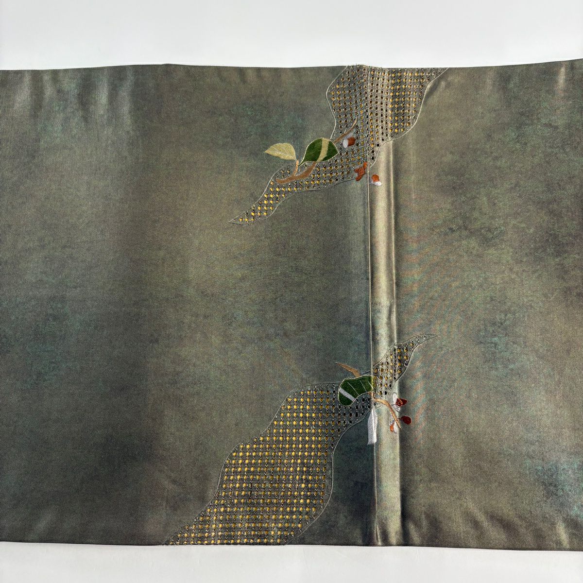 袋帶 秀品級 枝花 道長取 金金箔 刺繡 茶綠 お太鼓柄 純蠶絲