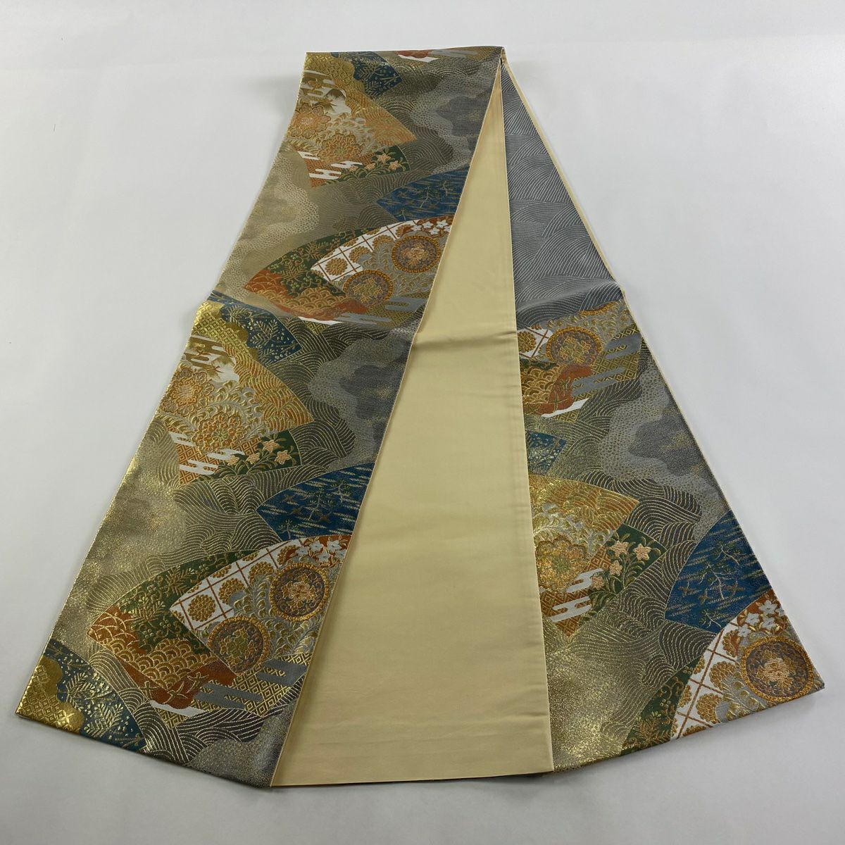 【美品】 袋帶 秀品級 華紋 波 金絲 金金箔 金色 六通 純蠶絲