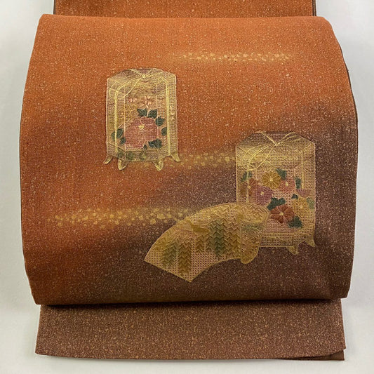 袋帶 秀品級 貝桶 草花紋紋 刺繡 金彩裝飾 茶 純蠶絲