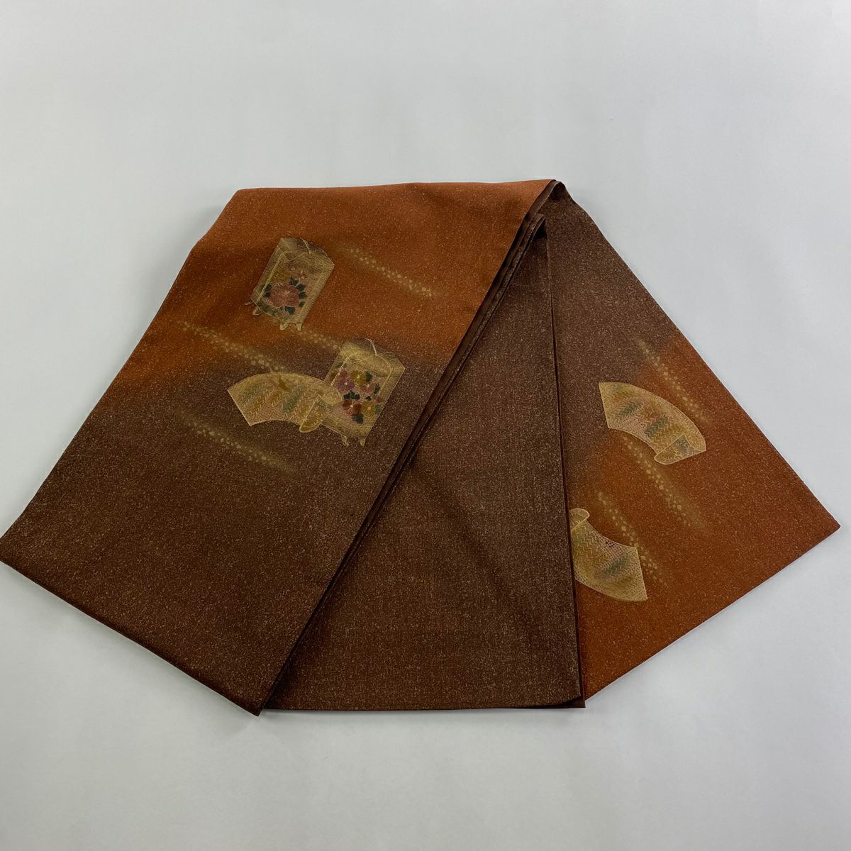 袋帶 秀品級 貝桶 草花紋紋 刺繡 金彩裝飾 茶 純蠶絲