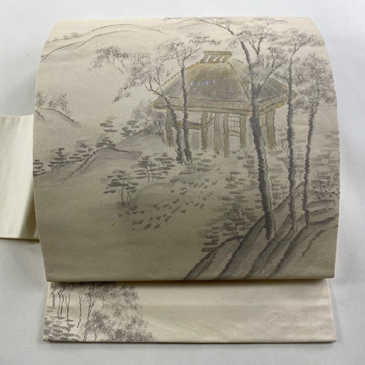 名古屋帶 秀品級 風景 家屋 螺鈿金金箔 金金箔 奶油色 純蠶絲