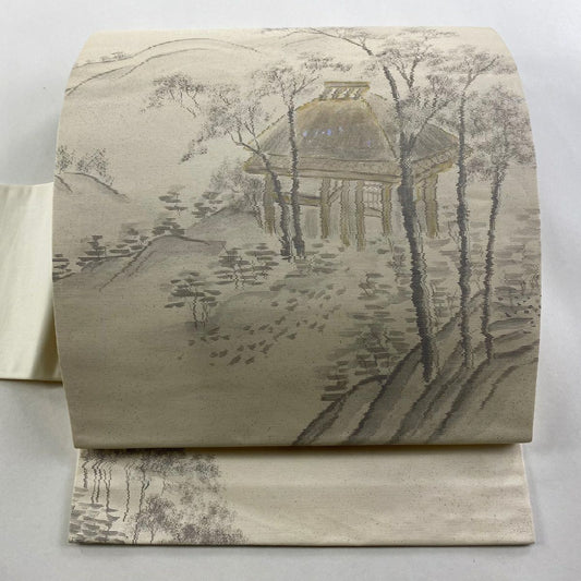 名古屋帶 秀品級 風景 家屋 螺鈿金金箔 金金箔 奶油色 純蠶絲
