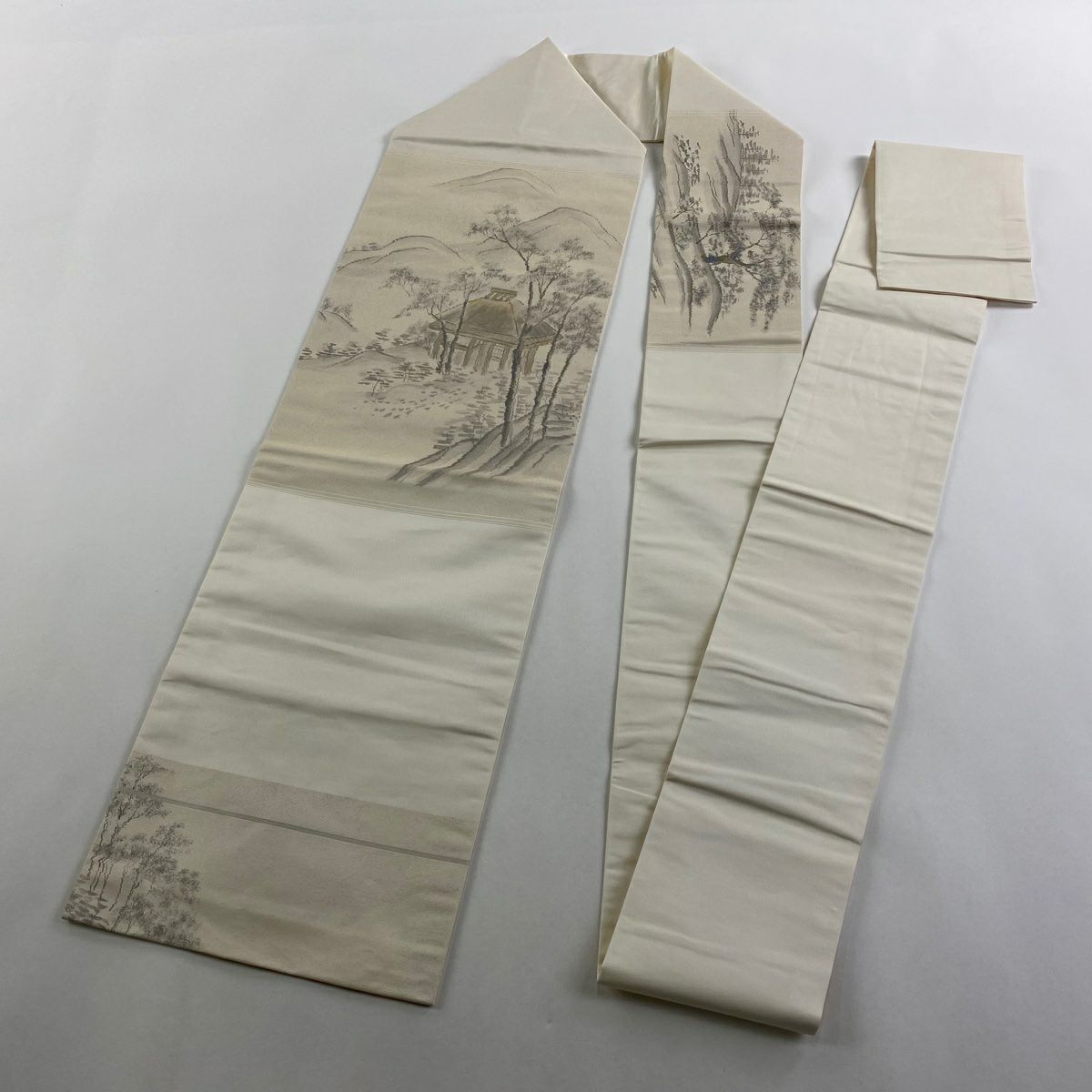 名古屋帶 秀品級 風景 家屋 螺鈿金金箔 金金箔 奶油色 純蠶絲