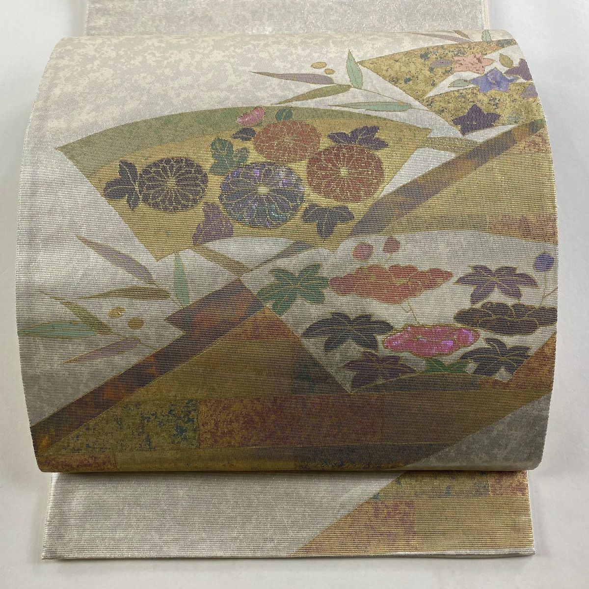 袋帶 秀品級 扇子面 草花紋 螺鈿金金箔 金金箔 銀 純蠶絲