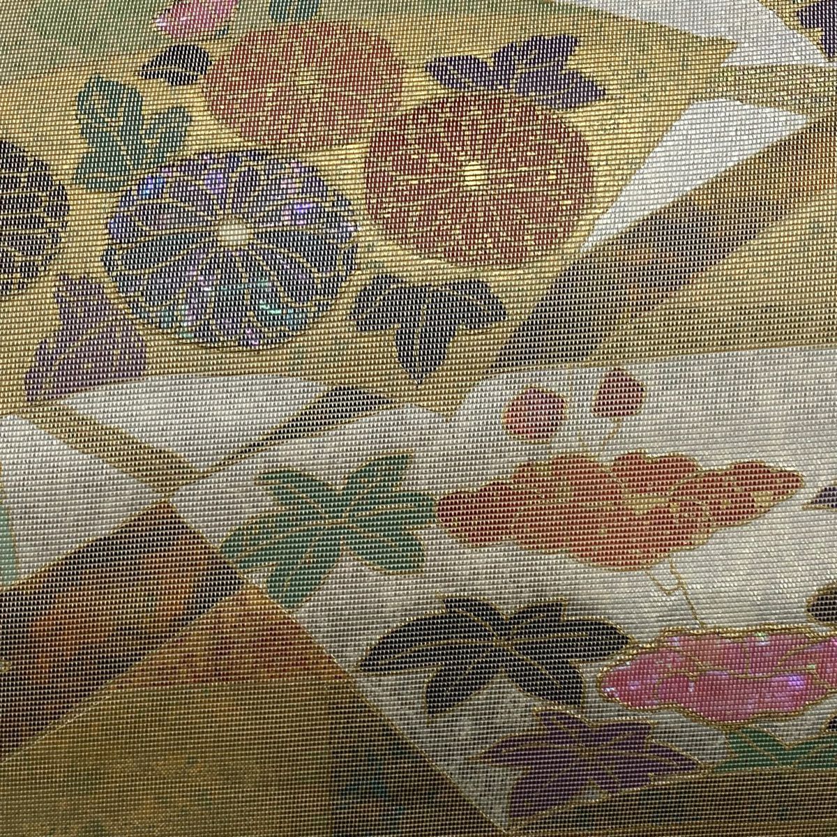 袋帶 秀品級 扇子面 草花紋 螺鈿金金箔 金金箔 銀 純蠶絲