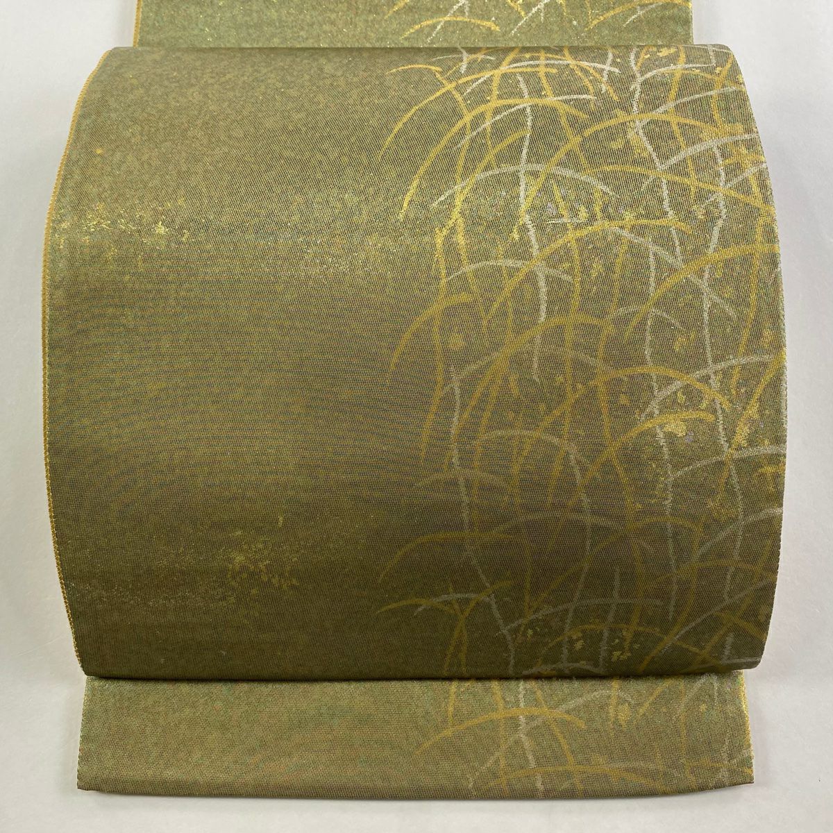 【美品】 袋帶 秀品級 芝 幾何圖案 金金箔 灰綠 六通 純蠶絲