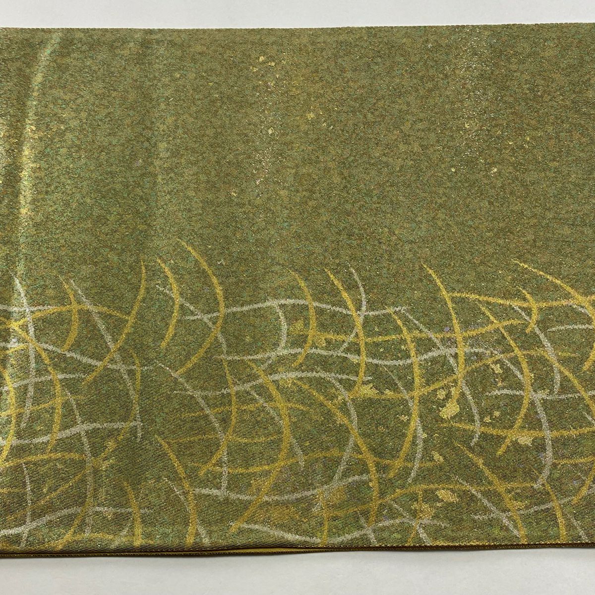【美品】 袋帶 秀品級 芝 幾何圖案 金金箔 灰綠 六通 純蠶絲