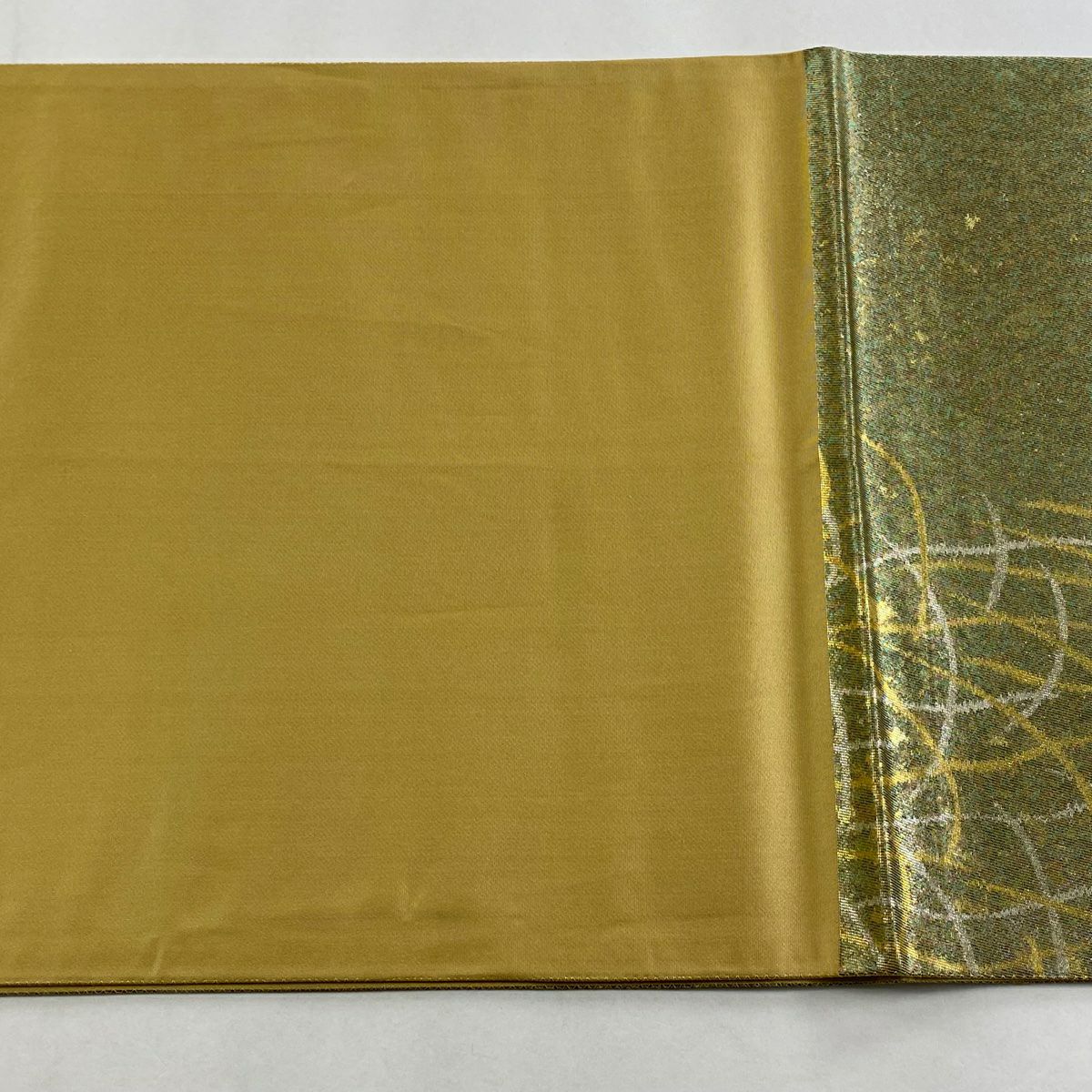 【美品】 袋帶 秀品級 芝 幾何圖案 金金箔 灰綠 六通 純蠶絲