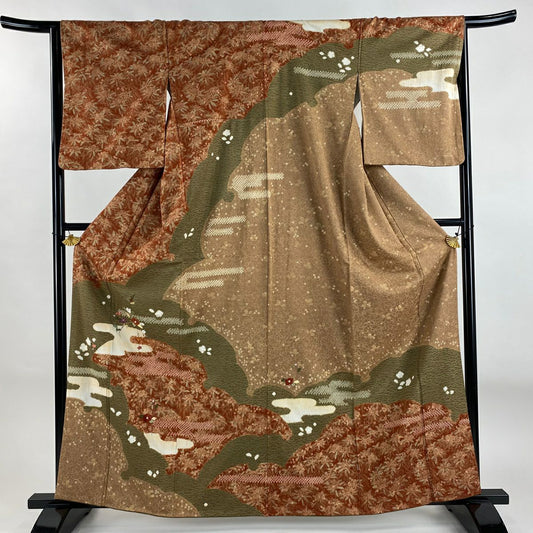 【美品】訪問服 身長161cm 袖長64cm M 雙層 椿 ヱ霞 刺繡 絞染 紅茶 純蠶絲 秀品級