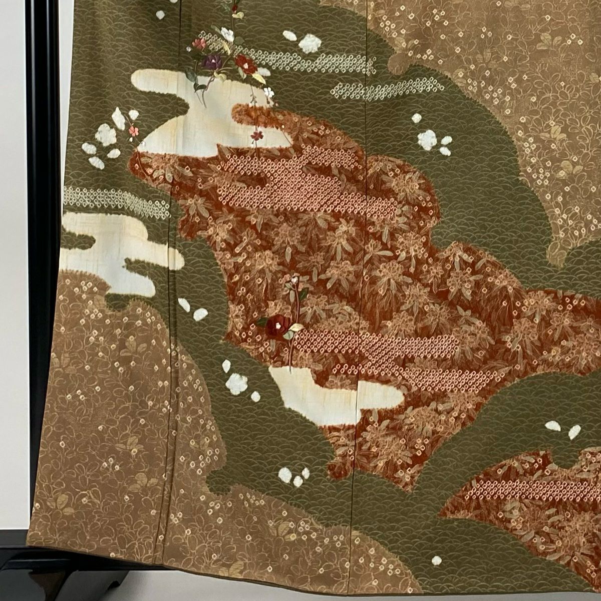 【美品】訪問服 身長161cm 袖長64cm M 雙層 椿 ヱ霞 刺繡 絞染 紅茶 純蠶絲 秀品級