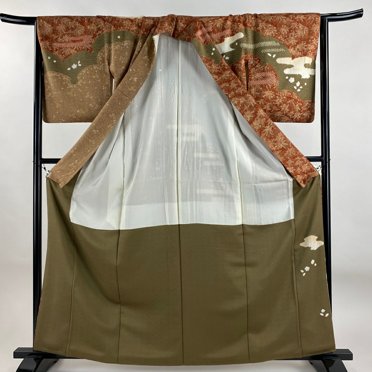 【美品】訪問服 身長161cm 袖長64cm M 雙層 椿 ヱ霞 刺繡 絞染 紅茶 純蠶絲 秀品級