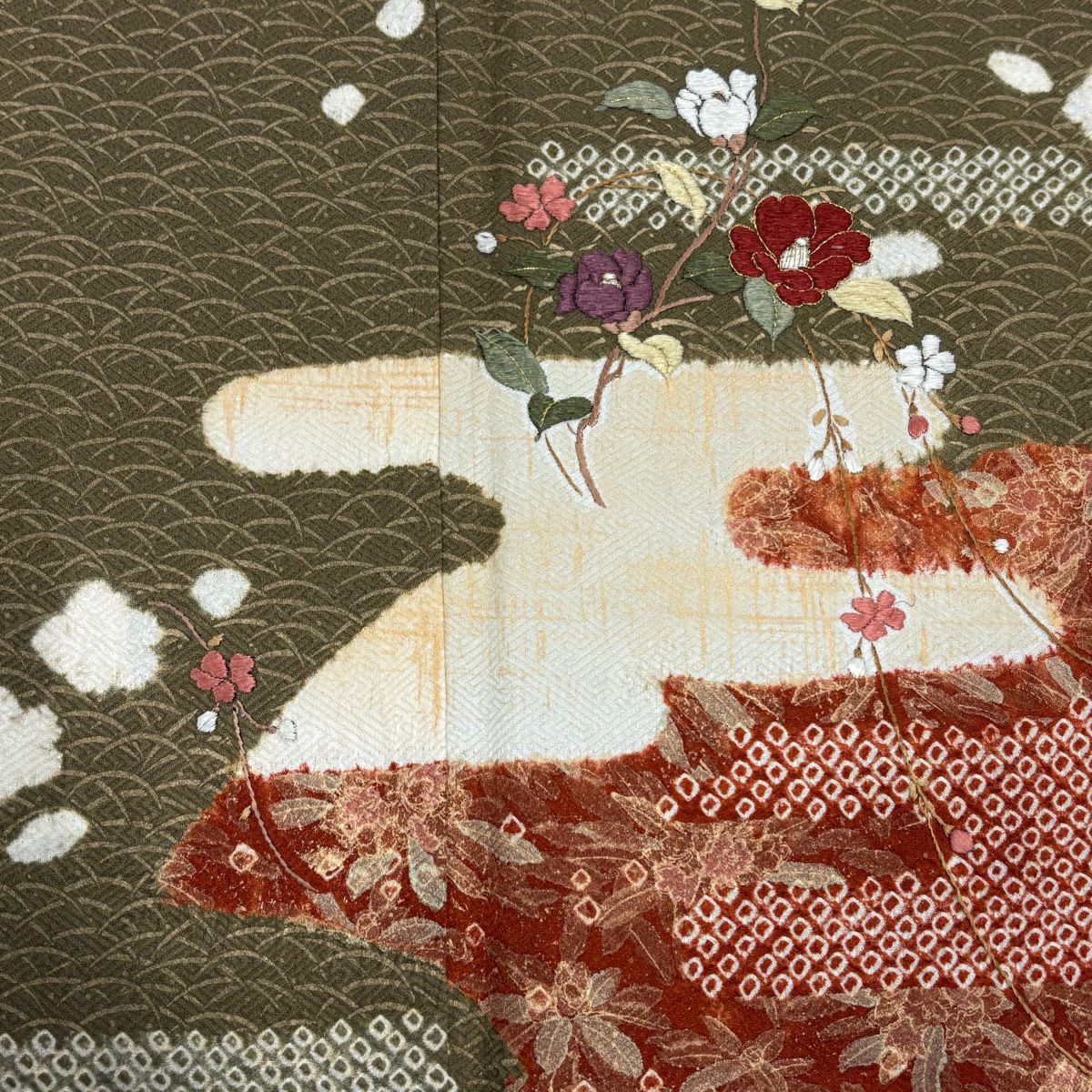 【美品】訪問服 身長161cm 袖長64cm M 雙層 椿 ヱ霞 刺繡 絞染 紅茶 純蠶絲 秀品級