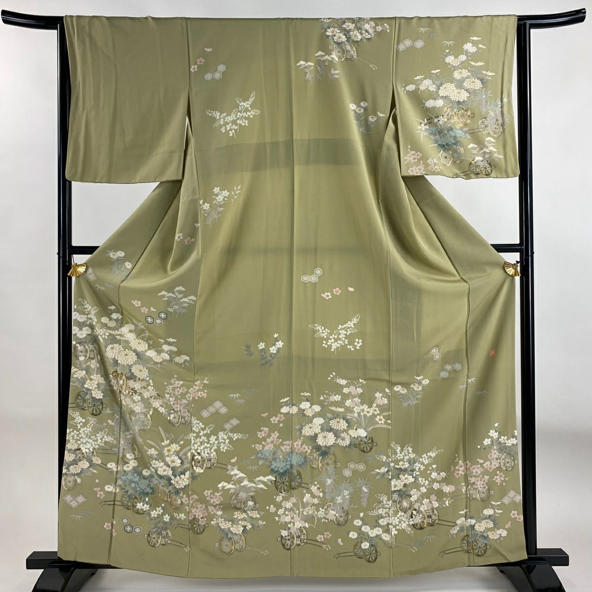 訪問服 身長162.5cm 袖長64cm M 雙層 落款 花車 菊花 金彩裝飾 灰綠 純蠶絲 秀品級