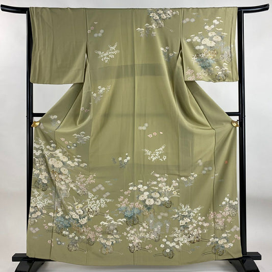 訪問服 身長162.5cm 袖長64cm M 雙層 落款 花車 菊花 金彩裝飾 灰綠 純蠶絲 秀品級