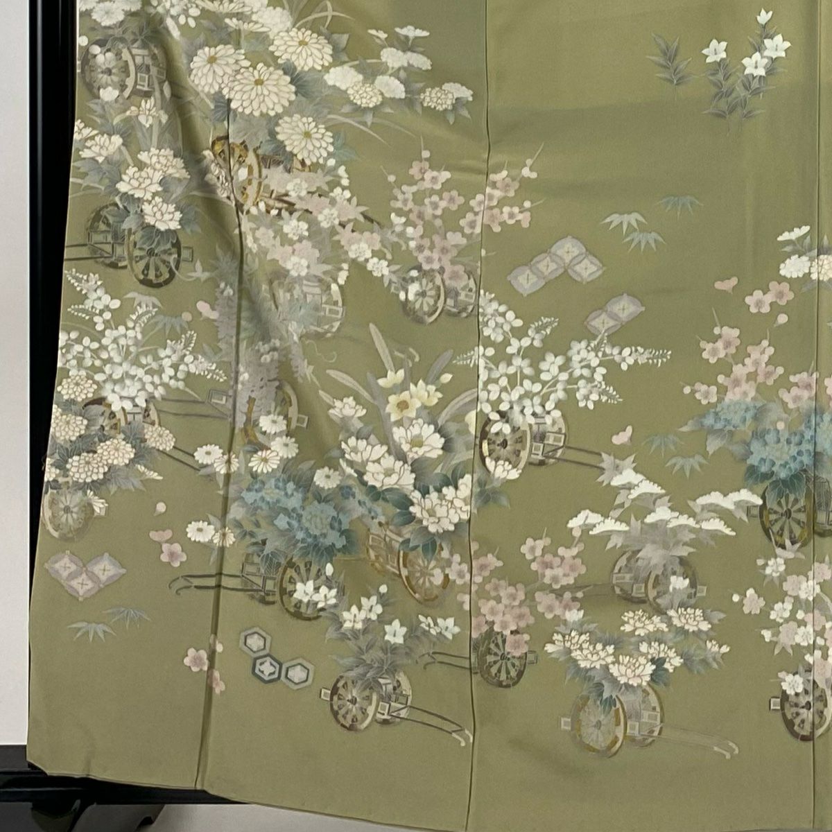 訪問服 身長162.5cm 袖長64cm M 雙層 落款 花車 菊花 金彩裝飾 灰綠 純蠶絲 秀品級