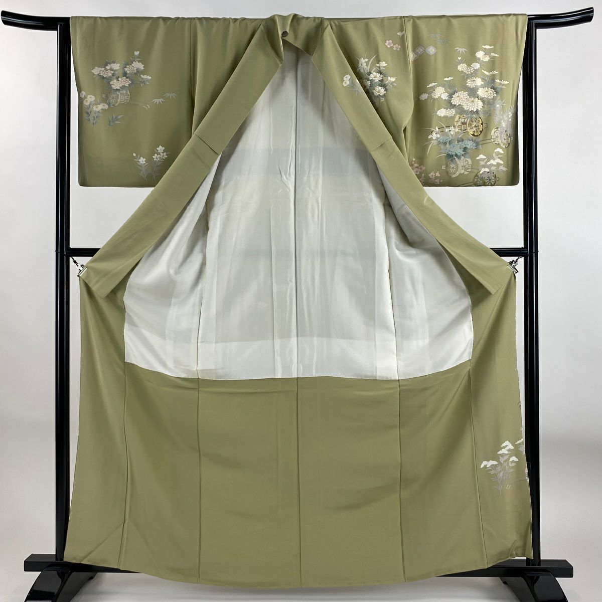 訪問服 身長162.5cm 袖長64cm M 雙層 落款 花車 菊花 金彩裝飾 灰綠 純蠶絲 秀品級