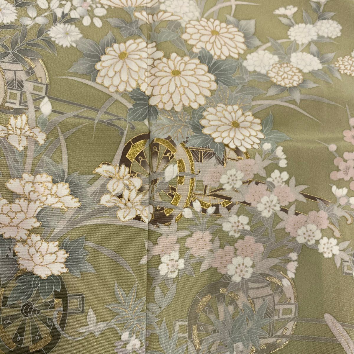 訪問服 身長162.5cm 袖長64cm M 雙層 落款 花車 菊花 金彩裝飾 灰綠 純蠶絲 秀品級