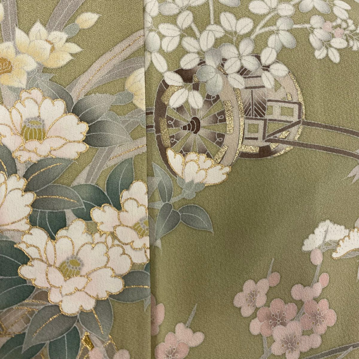 訪問服 身長162.5cm 袖長64cm M 雙層 落款 花車 菊花 金彩裝飾 灰綠 純蠶絲 秀品級