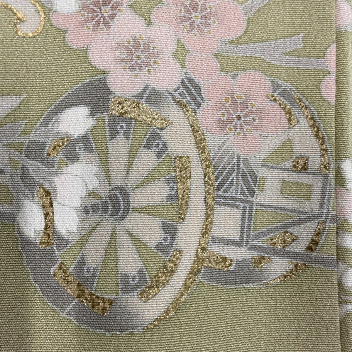 訪問服 身長162.5cm 袖長64cm M 雙層 落款 花車 菊花 金彩裝飾 灰綠 純蠶絲 秀品級