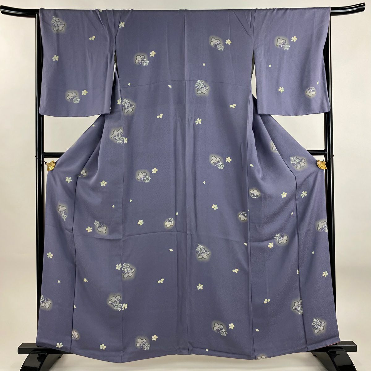 小紋 身長161cm 袖長66cm M 雙層 櫻花 地紋 金彩裝飾 青紫 純蠶絲 秀品級