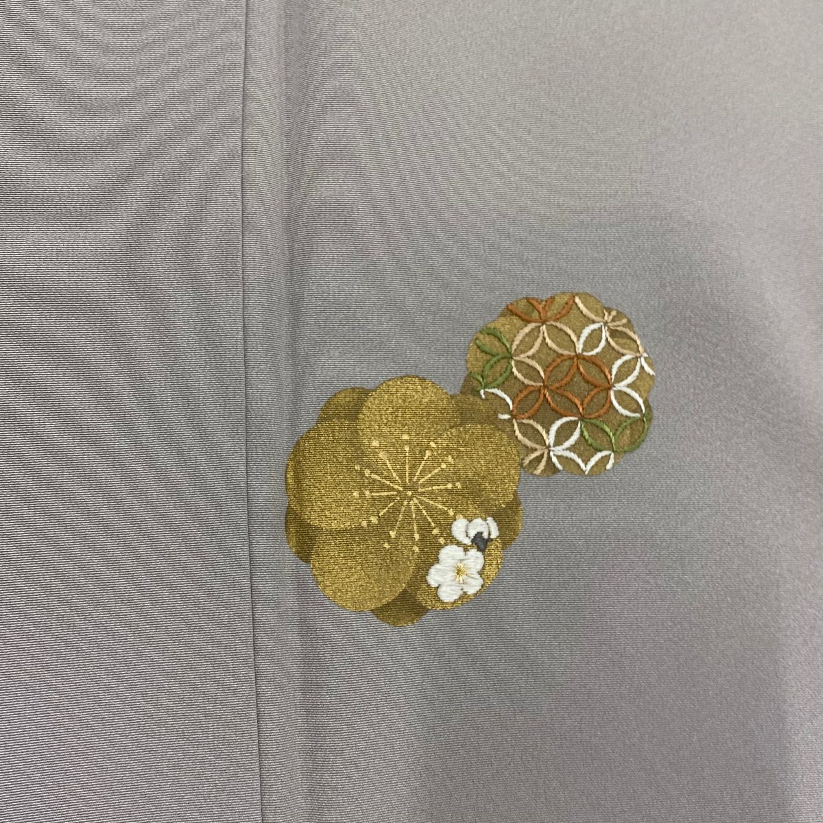 付下 身長162.5cm 袖長64cm M 雙層 梅花 七寶紋 金彩裝飾 刺繡 灰紫 純蠶絲 秀品級