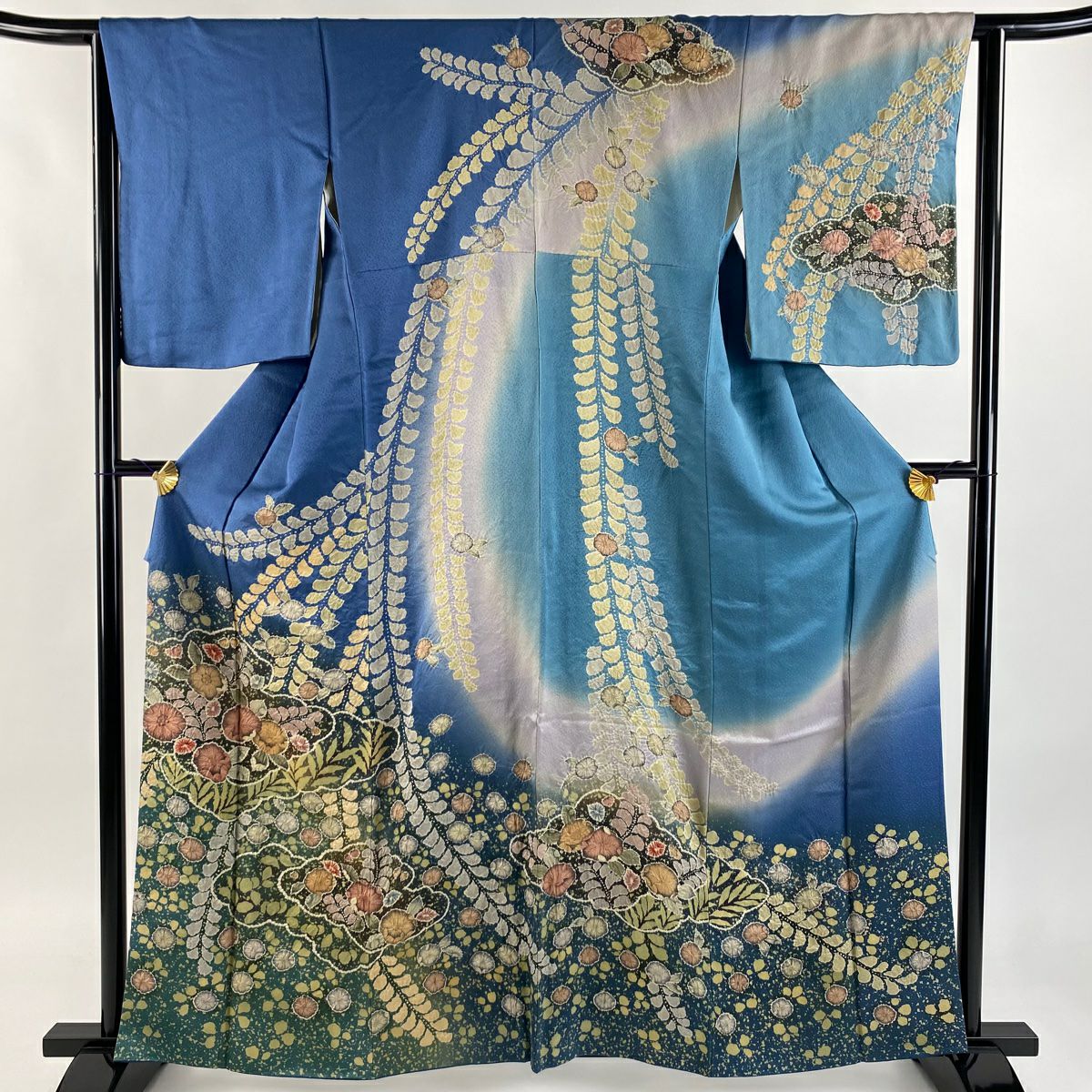 訪問服 身長161cm 袖長64cm M 雙層 辻花染圖案 雲紋 漸層 藍 純蠶絲 逸品級