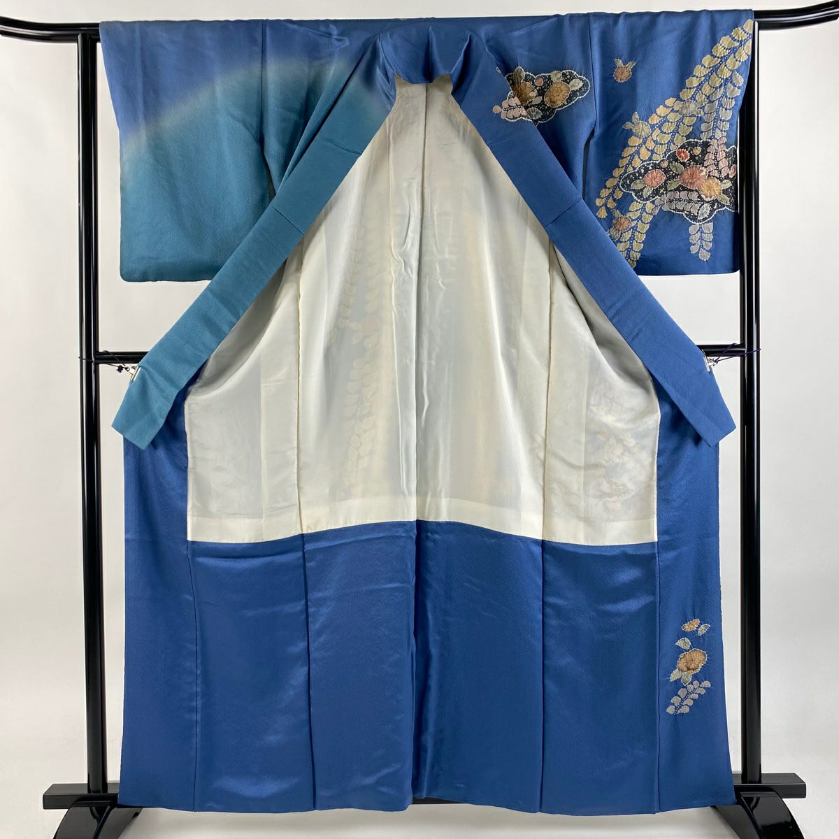 訪問服 身長161cm 袖長64cm M 雙層 辻花染圖案 雲紋 漸層 藍 純蠶絲 逸品級