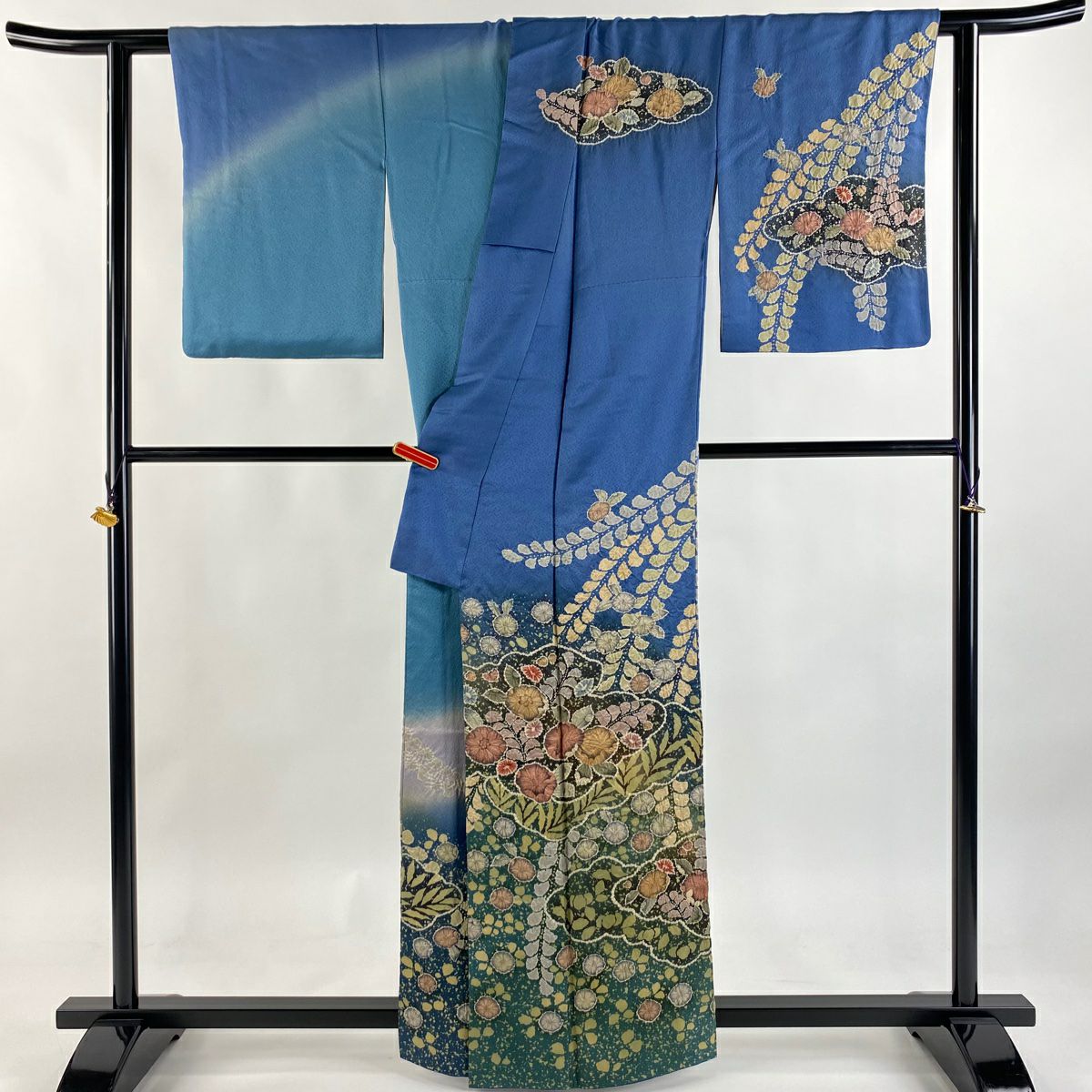 訪問服 身長161cm 袖長64cm M 雙層 辻花染圖案 雲紋 漸層 藍 純蠶絲 逸品級