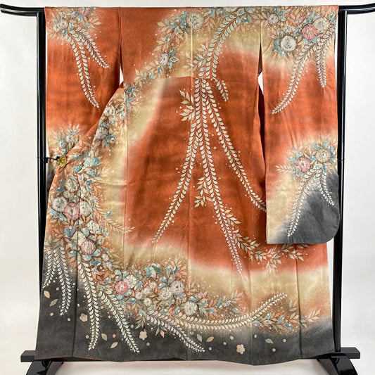 【美品】振袖禮服 身長160cm 袖長63cm S 雙層 翠山工房 落款あり 辻花染 金銀彩 漸層 橙色 純蠶絲 逸品級