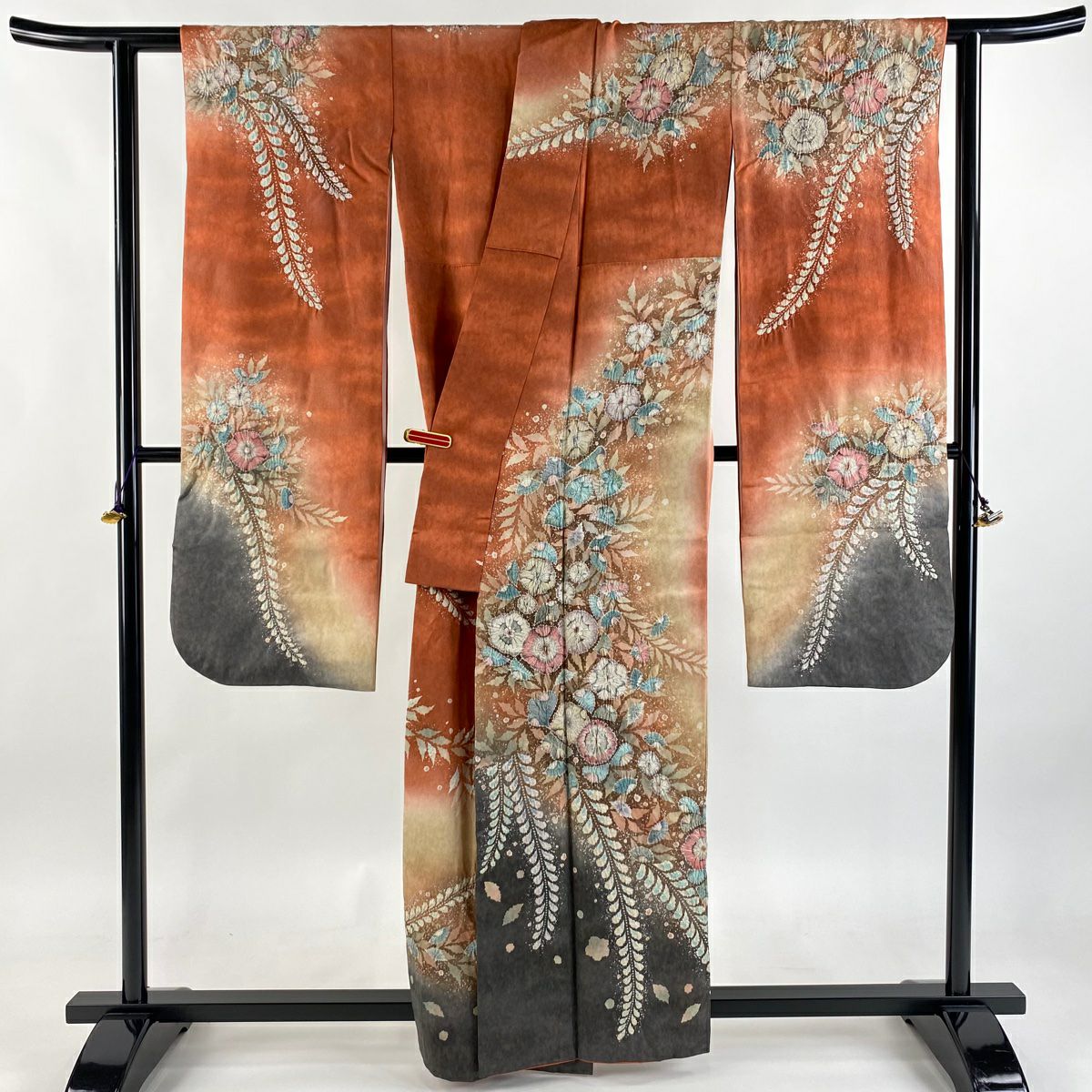 【美品】振袖禮服 身長160cm 袖長63cm S 雙層 翠山工房 落款あり 辻花染 金銀彩 漸層 橙色 純蠶絲 逸品級