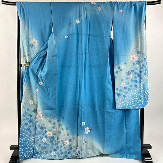 振袖禮服 身長171.5cm 袖長69cm L 雙層 櫻花 流水 銀通 銀線 水色 純蠶絲 逸品級