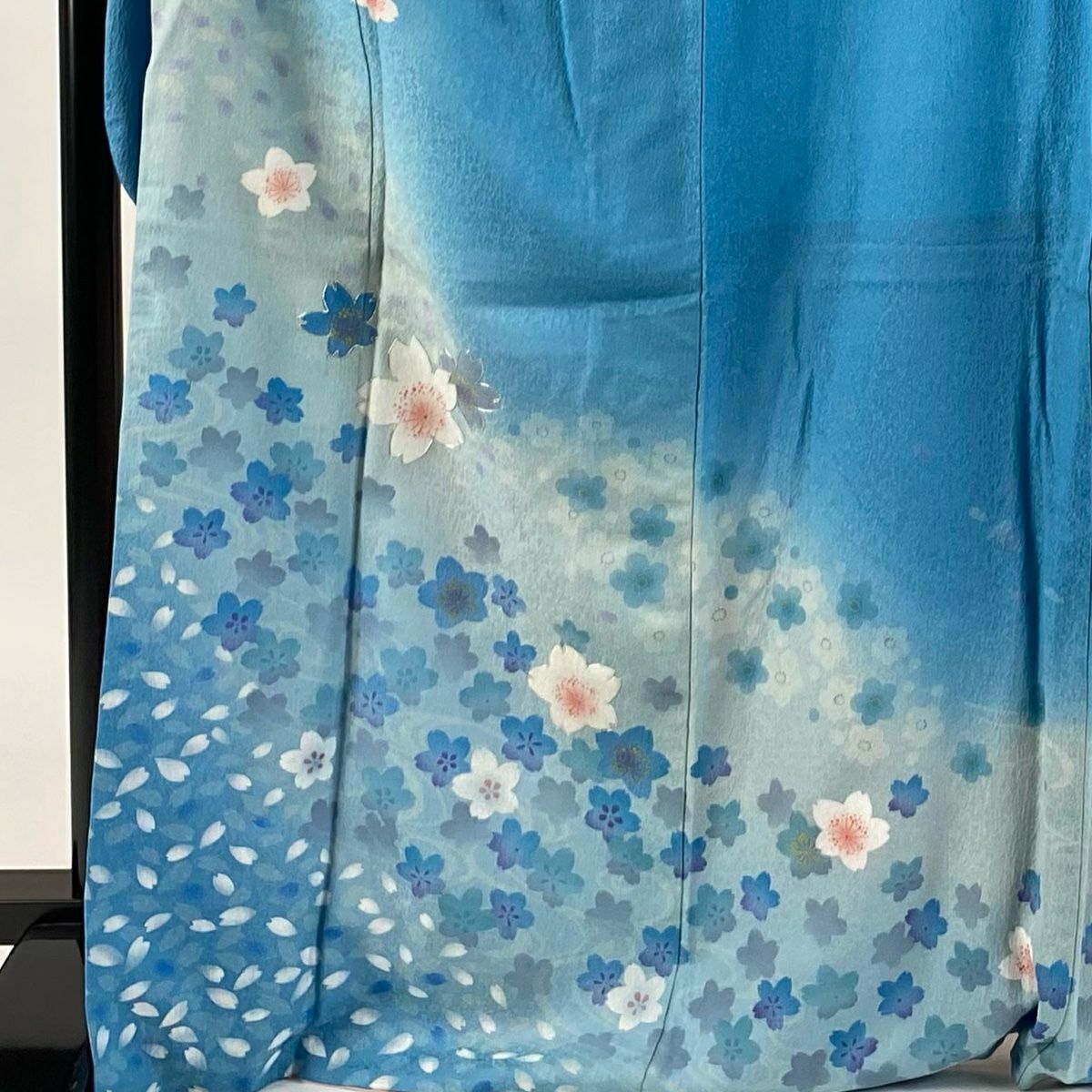 振袖禮服 身長171.5cm 袖長69cm L 雙層 櫻花 流水 銀通 銀線 水色 純蠶絲 逸品級