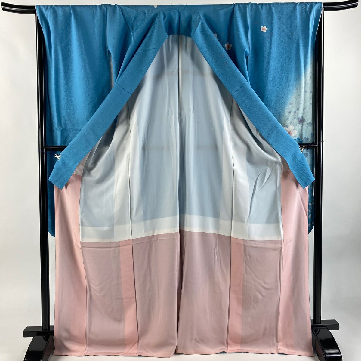 振袖禮服 身長171.5cm 袖長69cm L 雙層 櫻花 流水 銀通 銀線 水色 純蠶絲 逸品級