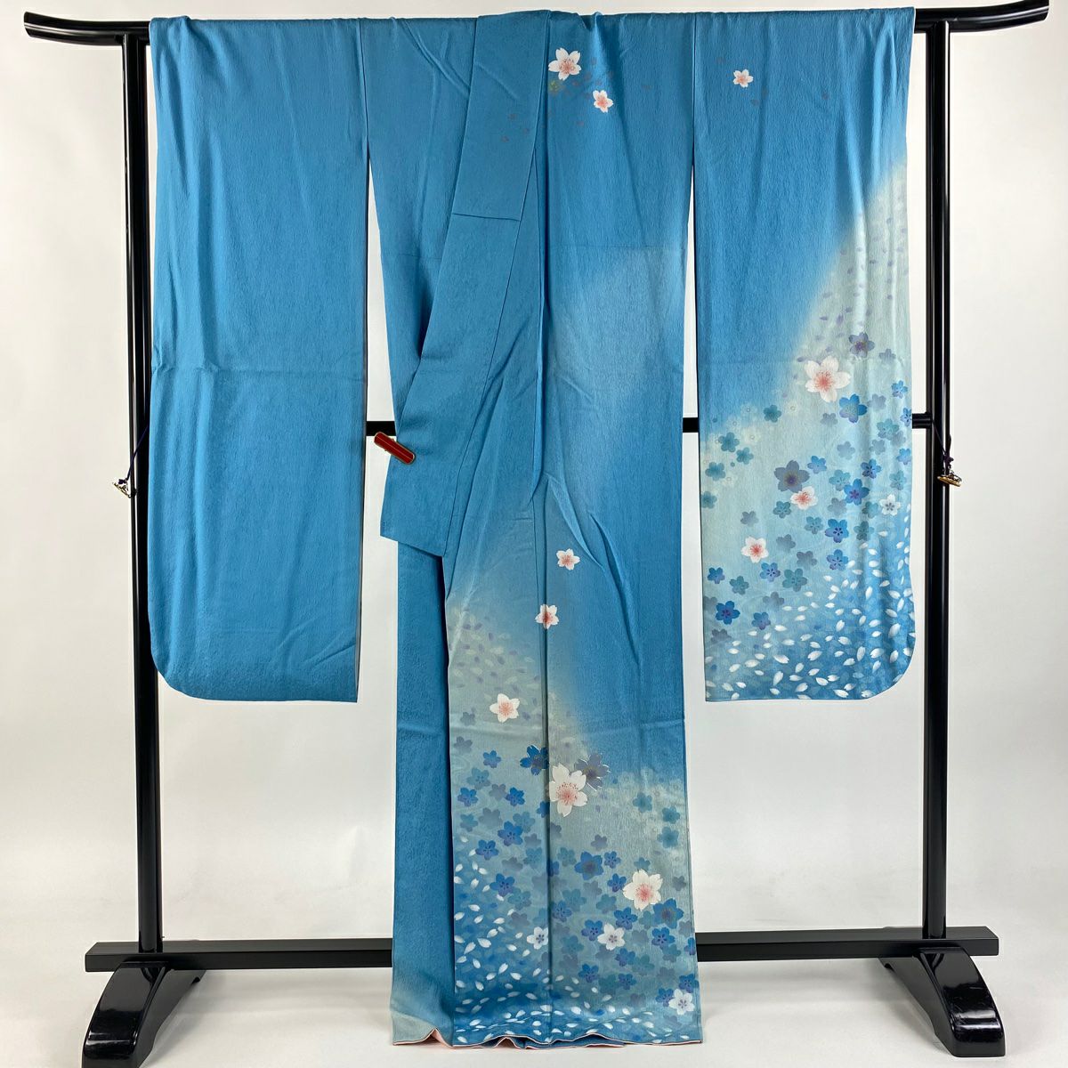 振袖禮服 身長171.5cm 袖長69cm L 雙層 櫻花 流水 銀通 銀線 水色 純蠶絲 逸品級