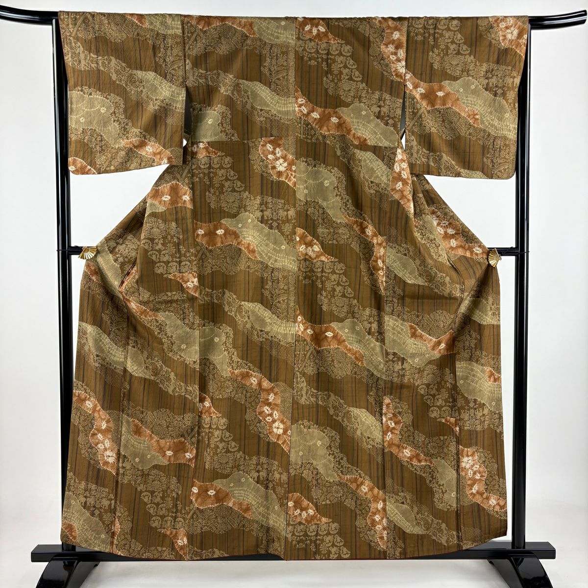 【美品】 小紋 身長158.5cm 袖長66cm M 雙層 紬織織 道長取 草花紋紋 絞染 茶 純蠶絲 名品級