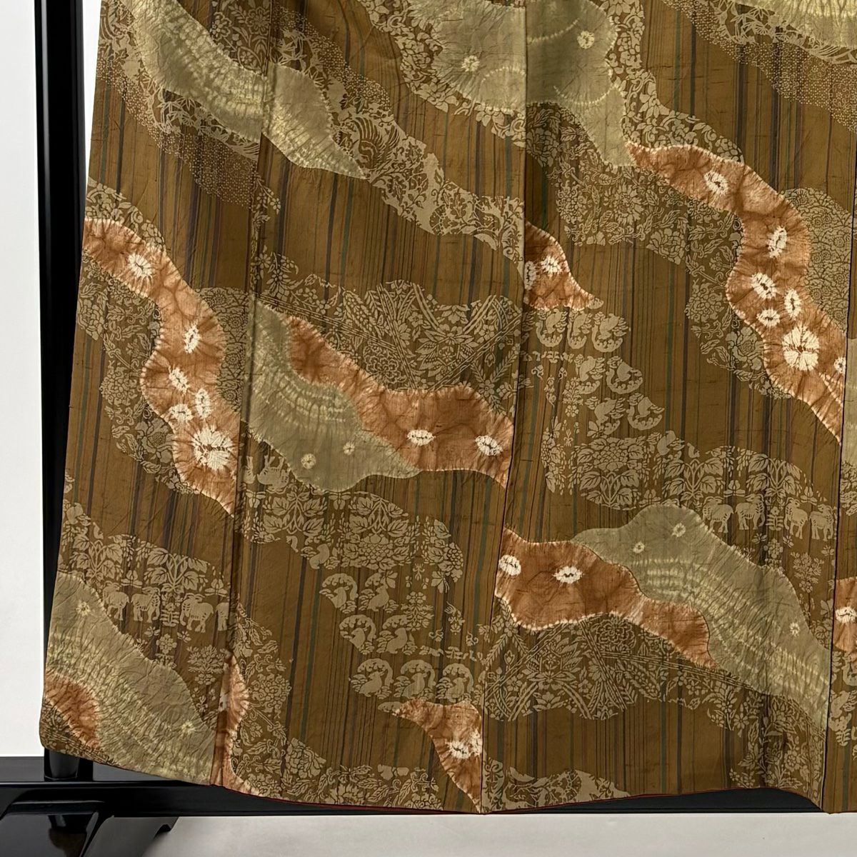 【美品】 小紋 身長158.5cm 袖長66cm M 雙層 紬織織 道長取 草花紋紋 絞染 茶 純蠶絲 名品級