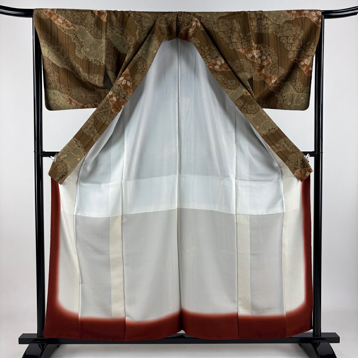 【美品】 小紋 身長158.5cm 袖長66cm M 雙層 紬織織 道長取 草花紋紋 絞染 茶 純蠶絲 名品級