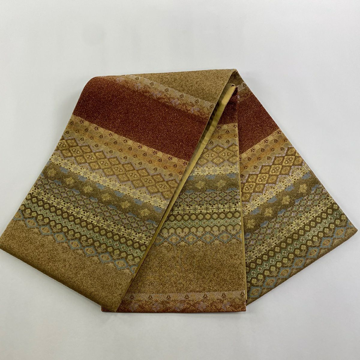 【庫存清倉】 【美品】 袋帶 名品級 花 有職紋樣 金銀彩 金金箔 淺茶 六通 純蠶絲